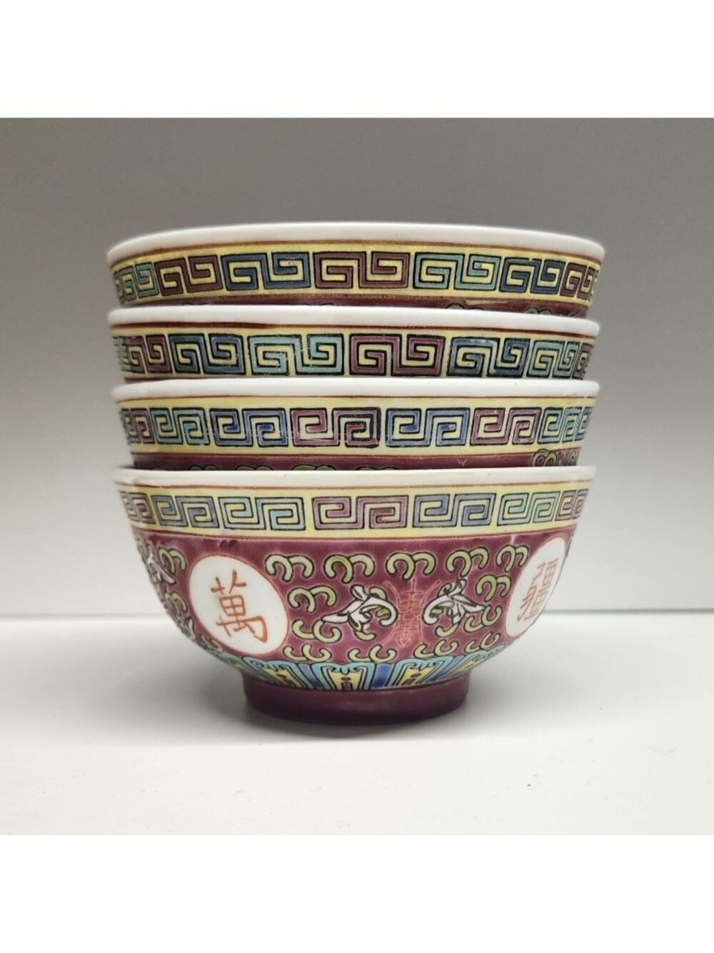 Porcelain Rice Bowls Longevity Mun Shou Red Chinese Famille Rose Set of 4